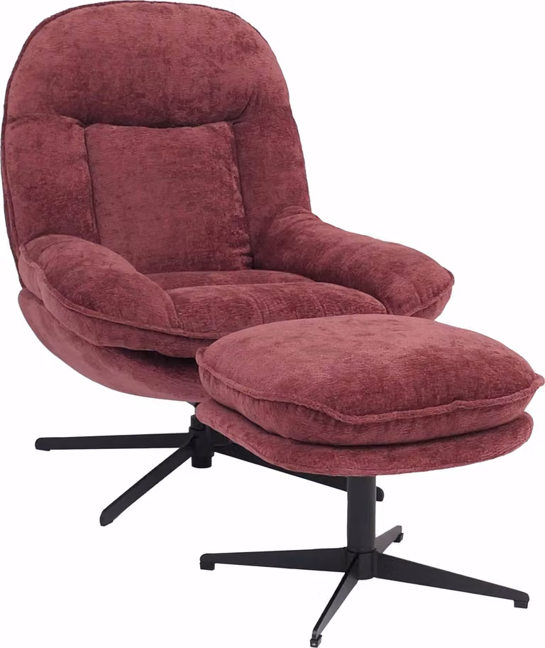Mendler Relaxfauteuil met voetenbank HWC-P32, draaibare tv-fauteuil met Nosag-vering en chenille bekleding, bessenrood