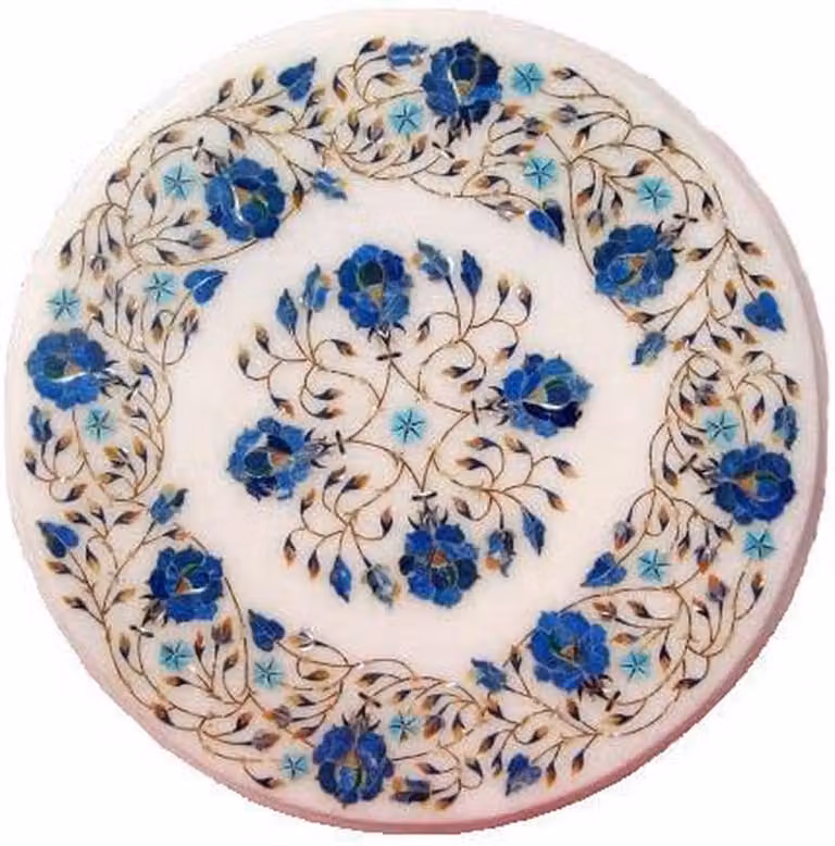 Marmeren Tafelblad Pietra Dura Kunst Blauw - Handgemaakt Inlay Werk - Diameter: 38 cm