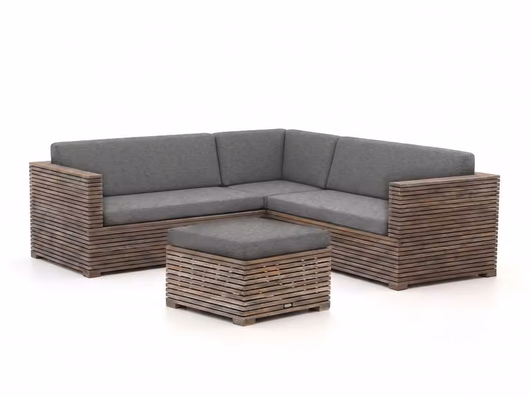 ROUGH Hoek loungeset voor 5 personen in Old Teak Greywash met stoffen kussens