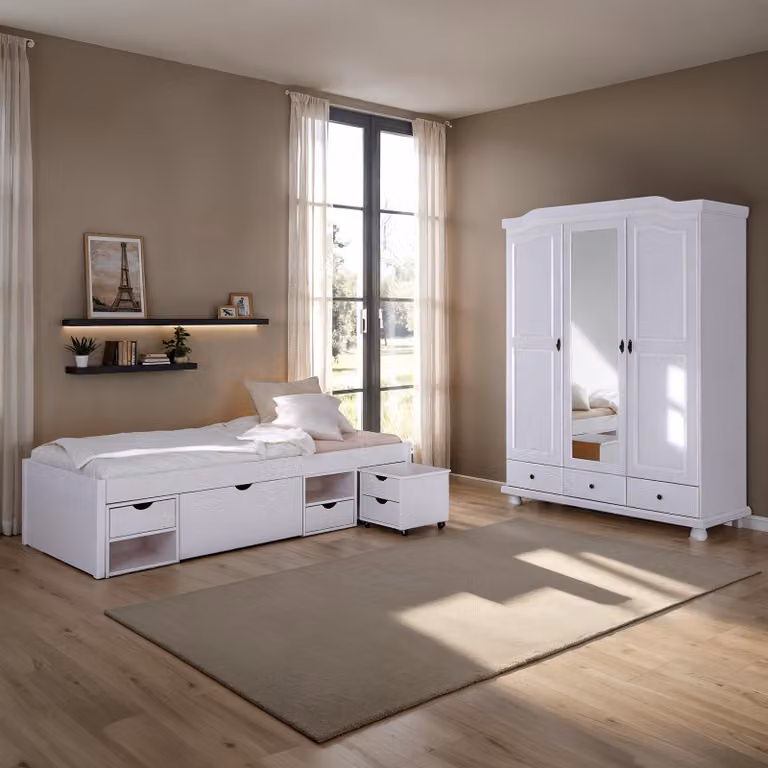 home24 Slaapkamerset Kappl Bedframe met Opbergruimte en Lades Wit, Massief Hout, 90 x 200 cm