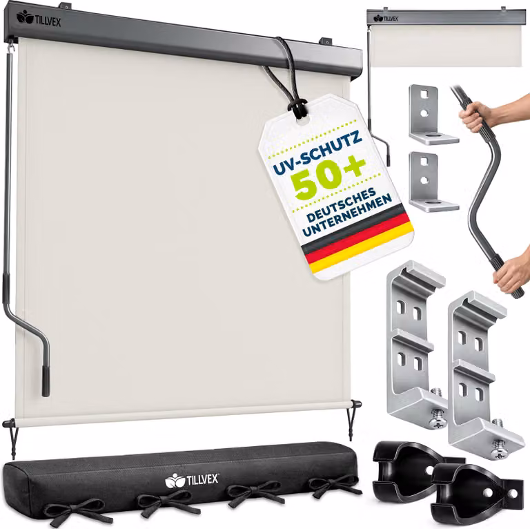 Tillvex Verticale zonwering met afdekking, waterdicht buitenrolgordijn met handslinger voor balkon, terras en tuin, aluminium, 180 x 250 cm