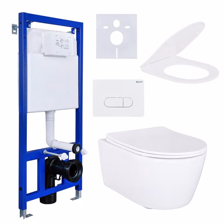 Belvit Compleet wandtoiletset met voorwandelement, inbouwreservoir, randloos wandtoilet, soft-close toiletbril en bedieningsplaat