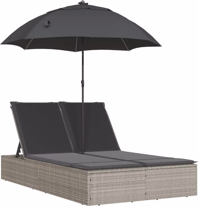 vidaXL Dubbele ligbed met kussen en parasol, lichtgrijs, polyrotan