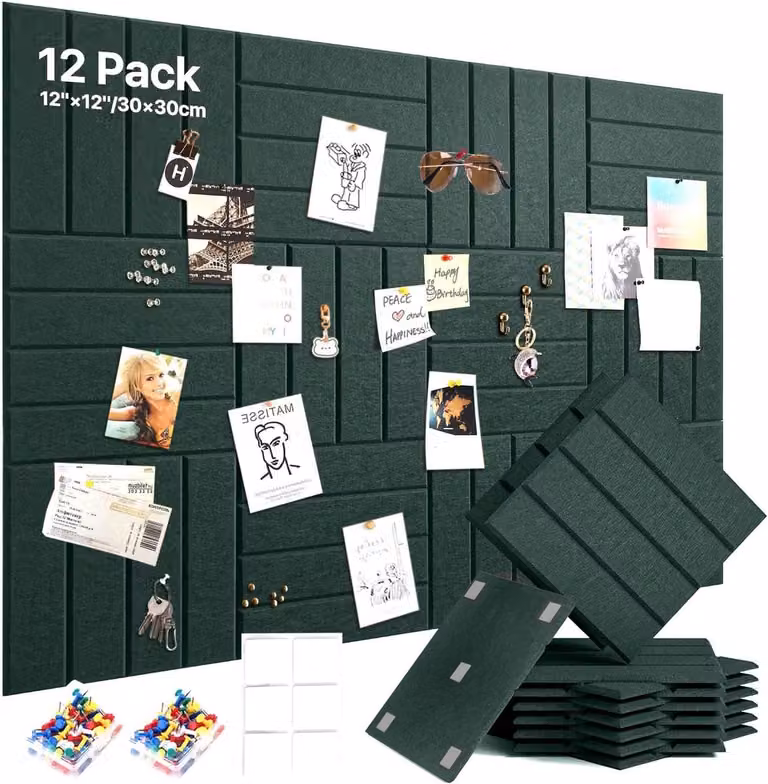 Set van 12 zelfklevende decoratieve vilten prikborden, donkergroen, 30 x 30 cm, inclusief 60 punaises