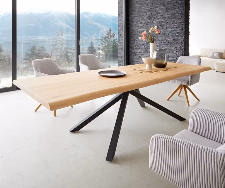DELIFE Eettafel Edge Live-Edge Eikenhout met Zwart Kruisframe, Rechthoekig, B/D/H: 260 x 100 x 75 cm