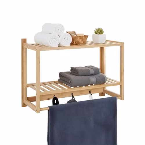 Relaxdays Wandrek Badkamer en Keuken van Bamboe met Handdoekstang en Haken, Bruin, H x B x D: 40 x 60 x 23,5 cm