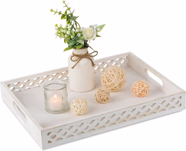 Houten Dienblad Wit met Handvatten - Rechthoekig Boerderij Stijl Centerpiece voor Ottomans en Salontafels