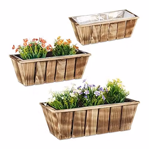 Relaxdays Set van 3 Houten Plantenbakken voor Binnen en Buiten, Bruin, Rustieke Look