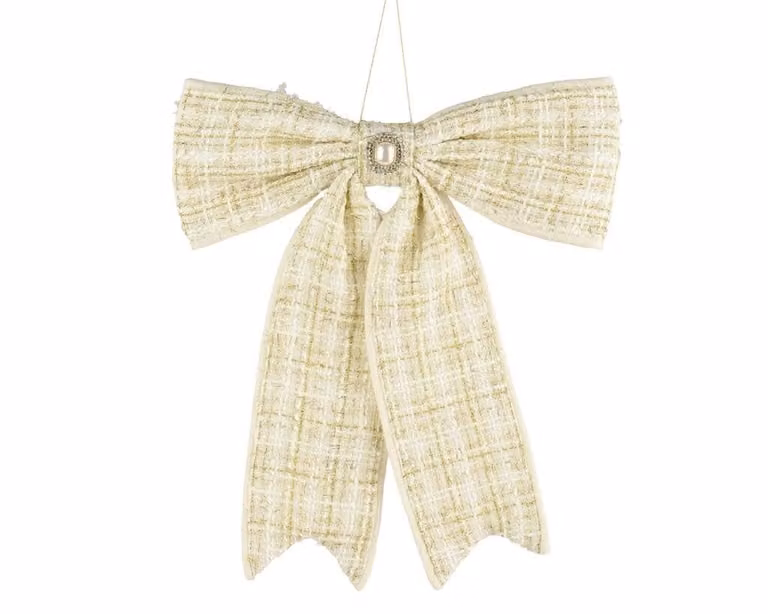 Kaemingk kerststrik champagne met broche, beige en goud, 33 cm