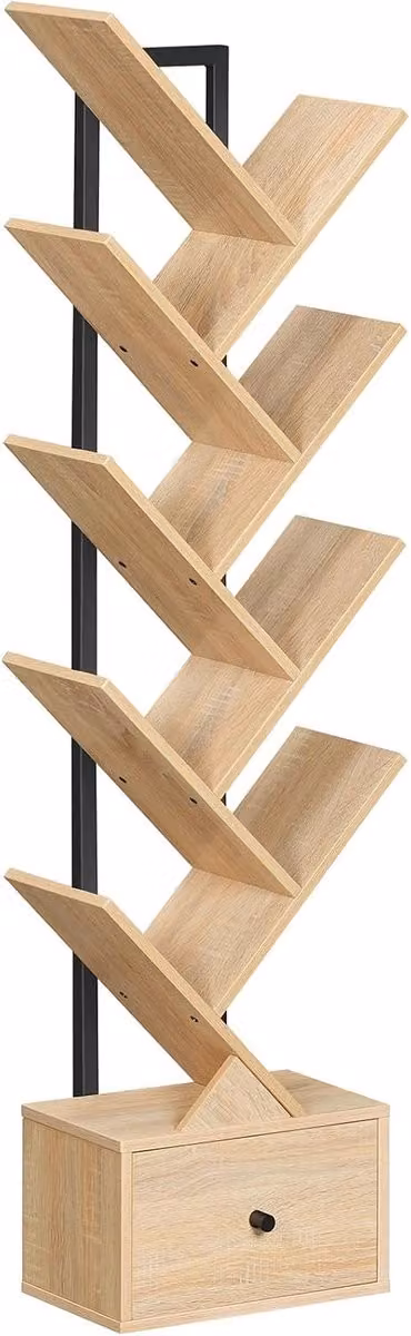 Boomvormige Boekenkast met 9 Laags en Lades in Natuurlijk Hout en Zwart Design