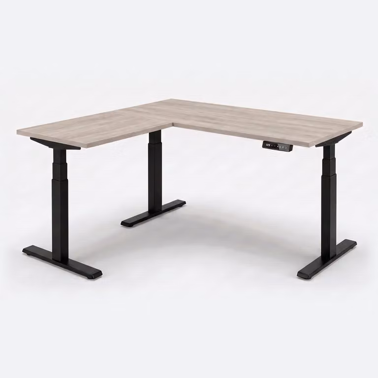 Elektrisch zit-sta hoekbureau in zwart en midden eiken, Breedte: 220 cm, Diepte: 200 cm