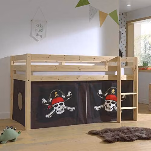 Vipack halfhoog bed PINO met textielset Caribische Piraat, massief beukenhout, naturel gelakt, B/D/H: 90 x 200 cm