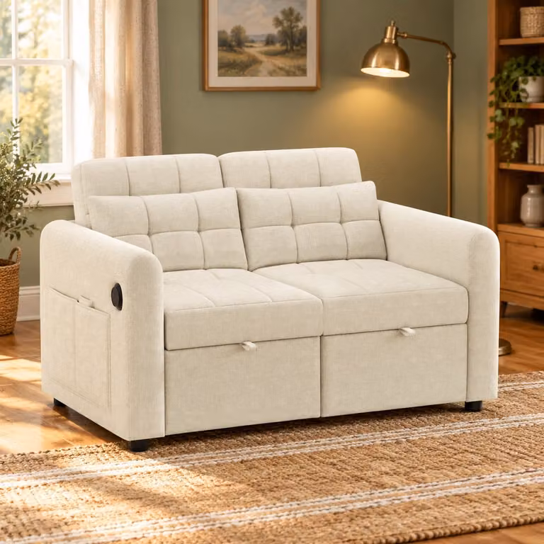WUVRIE 2-zits slaapbank met verstelbare rugleuning en USB-oplaadpunt, Beige, B: 142 cm, D: 85 cm, H: 83 cm