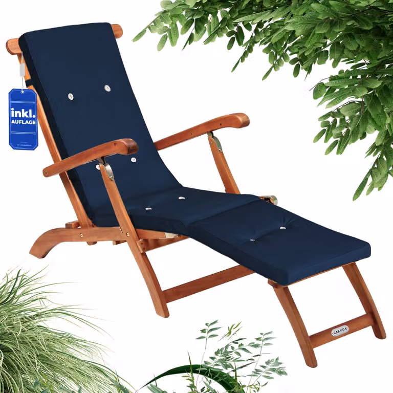 Casaria Set inklapbare ligbedden met houten acaciaframe en kussen, blauw, 169 x 54 cm