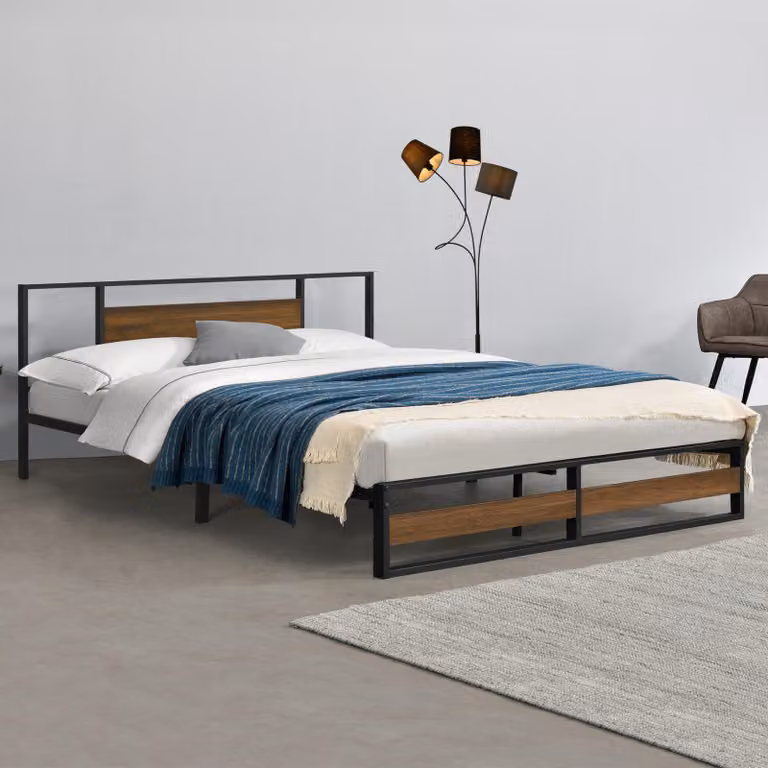 en.casa Stalen bedframe Villach zwart met walnootlook 180x200 cm