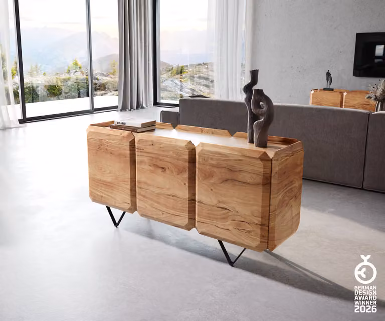 DELIFE Sideboard Kiano Acacia Natuur en Zwart met 3 Deuren en V-voet Breedte: 145 cm