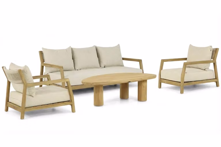 Santika Furniture Suka/Riah 4-delige loungeset met beige kussens en teak hout
