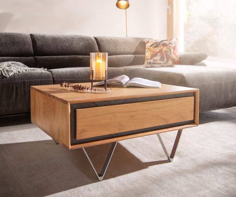 DELIFE Salontafel Stonegrace, Acacia hout en Steen fineer, Bruin en Zilver, B/D/H: 80 x 60 x 39 cm