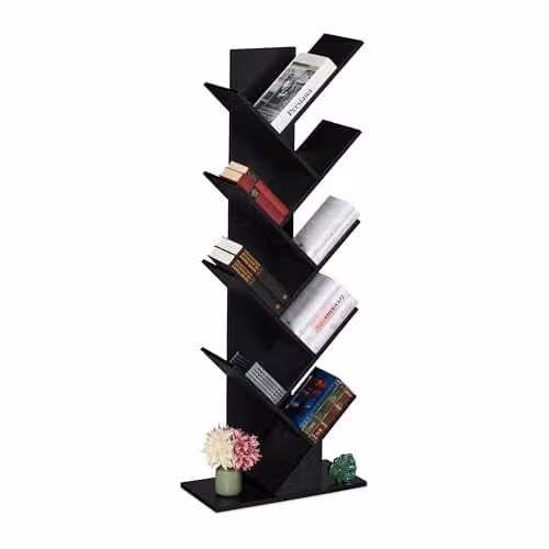 Relaxdays Boekenkast met 8 vakken, Zwart, H 138 x B 51 x D 25 cm