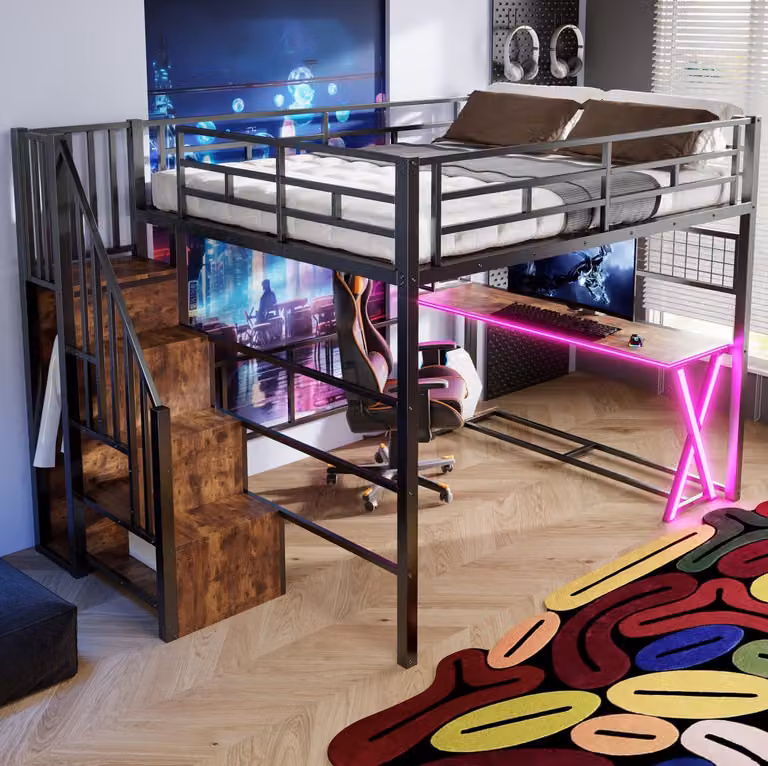 FloraGrace Hoogslaper 160x200 cm - Zwart - Met Bureau, Ledverlichting, Opbergleider en Kledingkast - Metaal en MDF - Zonder Matras