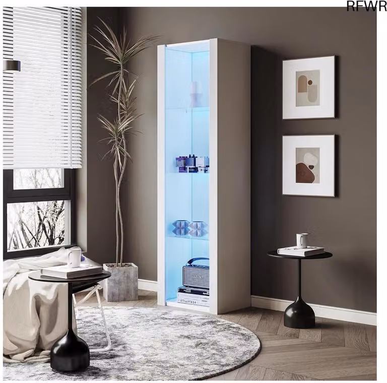 RFWR Hoogglans vitrinekast met LED-verlichting en glazen deuren, B: 55 cm, D: 38 cm, H: 166 cm