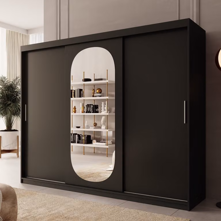 Meubella Kledingkast Bodhi Zwart met Spiegel en Schuifdeuren - Breedte: 250 cm