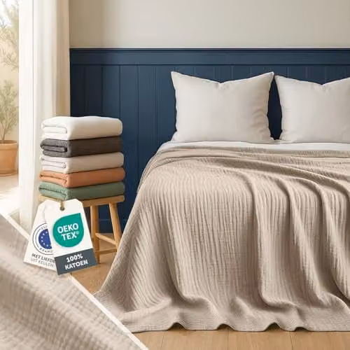 Blumtal Mousseline Deken van 100% katoen, Bedsprei en Banksprei, Crèmewit, 150 x 200 cm