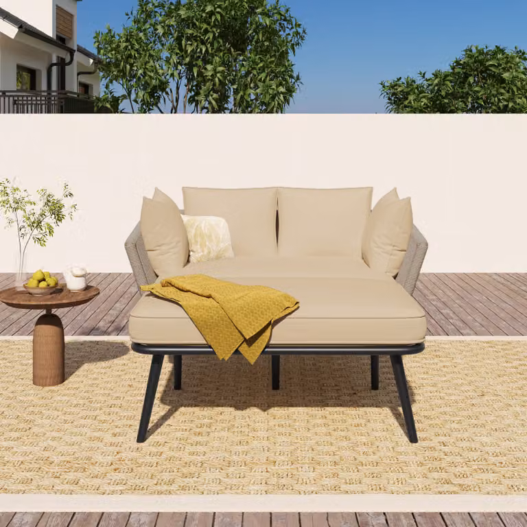STILVORA Tuinset met tuinbank en ligbed, inclusief 2 kussens en 2 rugkussens, beige stof