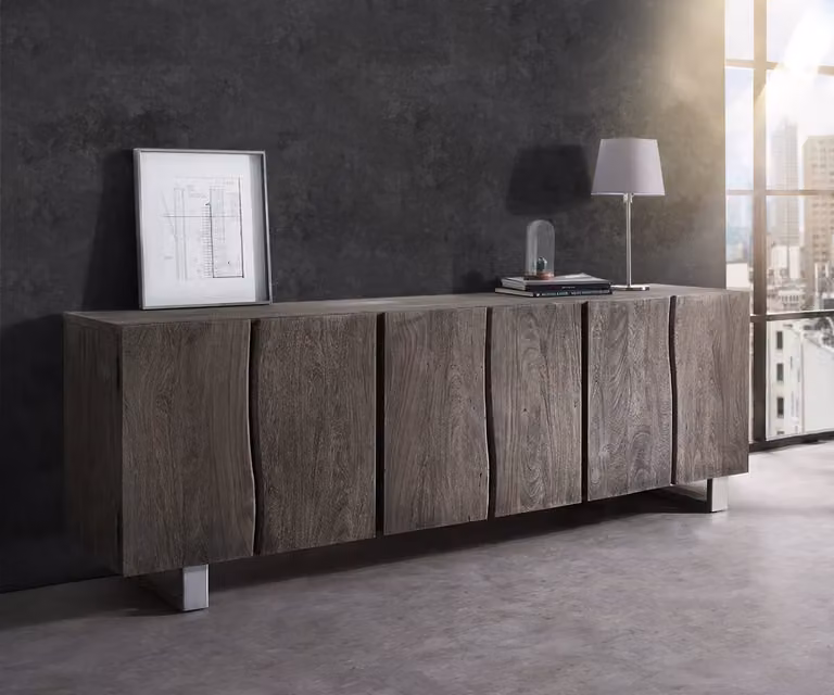 DELIFE Dressoir Live-Edge van massief acacia met 6 deuren, Platina, Breedte: 220 cm