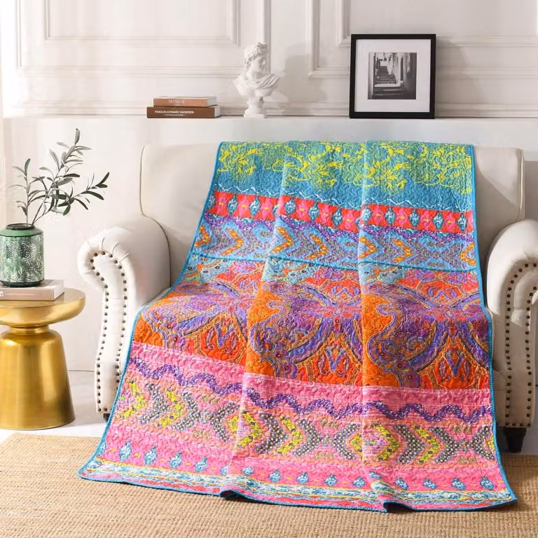 Qucover Bedsprei voor eenpersoonsbed en sofa, kleurrijke gewatteerde microvezel deken in boho Indiaas exotische stijl, 150 x 200 cm