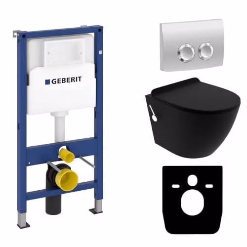 Geberit Duofix Basic Complete Toiletset met Salto Zwart Mat Wandcloset en Delta Chroom Bedieningsplaat