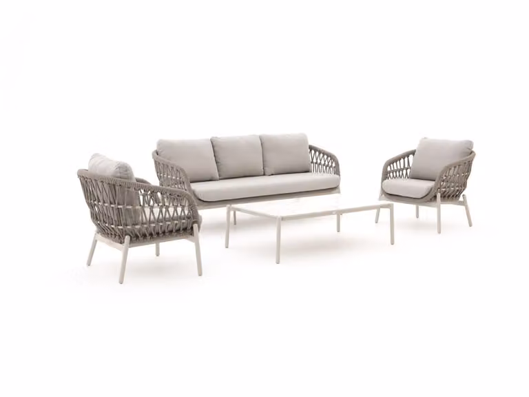 Bellagio Loungeset voor 5 personen met beige en witte kussens en aluminium frame