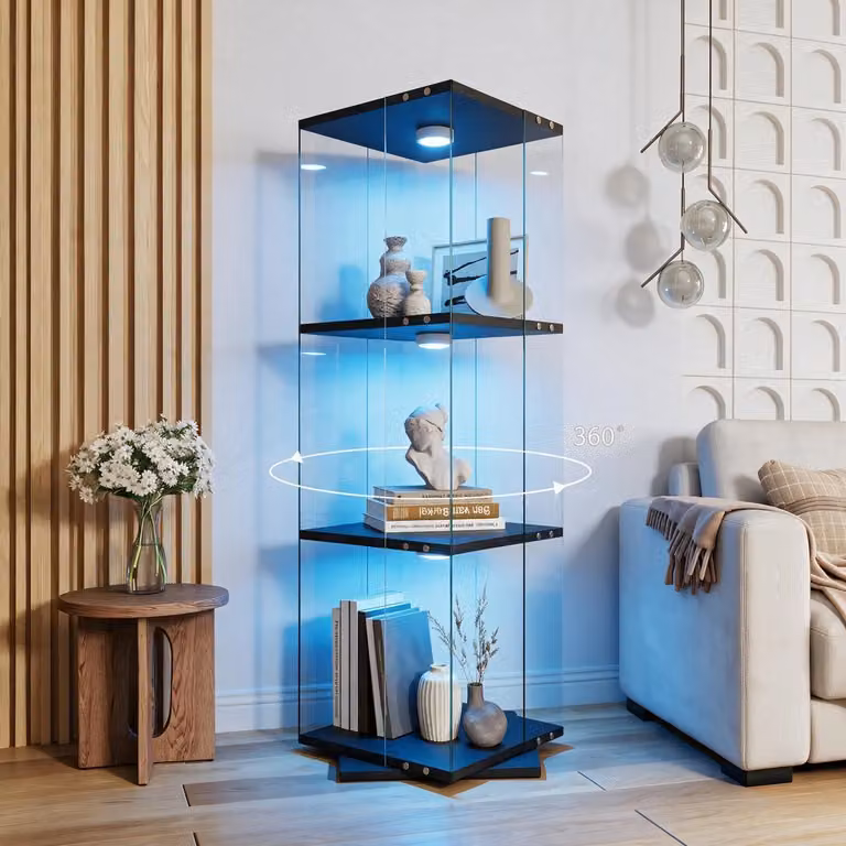 Zwarte vitrinekast met LED-verlichting en 360 graden draaibare glazen staande vitrine, 3 legplanken, B/D/H: 121 x 38 x 38 cm
