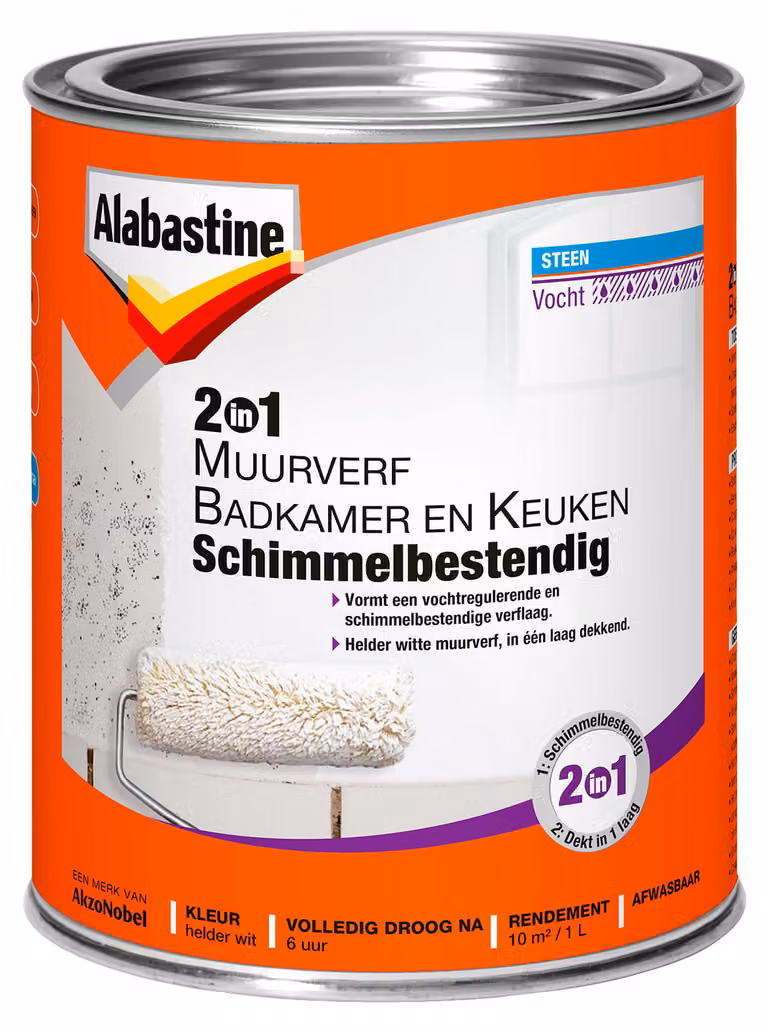 Alabastine 2-in-1 Muurverf voor Badkamer en Keuken, Schimmelbestendig, Wit, 1 l