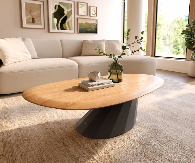 DELIFE Salontafel Edge Oval Eiken Naturel en Zwart Metaal B: 140 cm, D: 75 cm, H: 34,5 cm