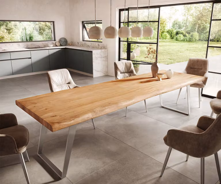 DELIFE Eettafel Edge XL van acacia hout met live-edge en zilveren onderstel, Breedte: 300 cm, Diepte: 100 cm