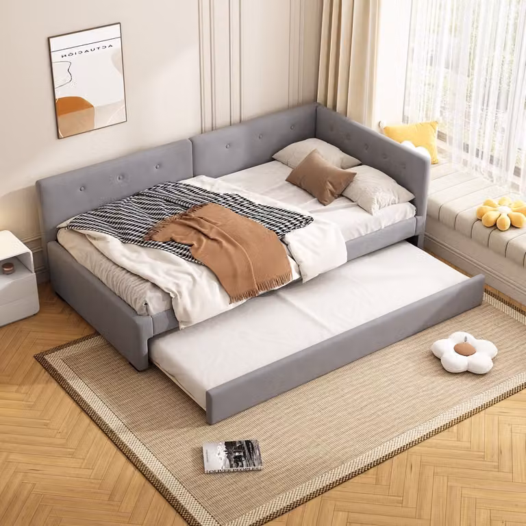 HAUSS SPOLE Gestoffeerd Eenpersoonsbed met Uitschuifbaar Rolbed en Lattenbodem, Grijs Fluweel, B/D/H: 90 x 200 cm