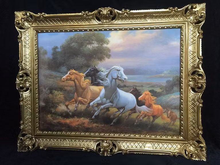 Wanddecoratie Paarden Schilderij met Gouden Baroklijst - 90 x 70 cm - Goud