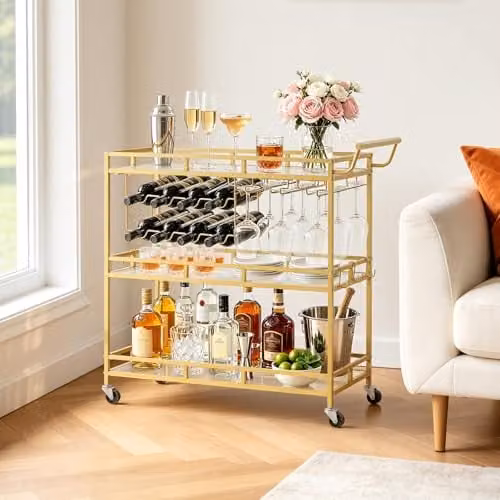 VEVOR Barwagen met 3 niveaus en glashouders, luxe serveerwagen met wijnrek en handgreep voor keuken of woonkamer, goudkleur, B/D/H: 88 x 38 x 89 cm