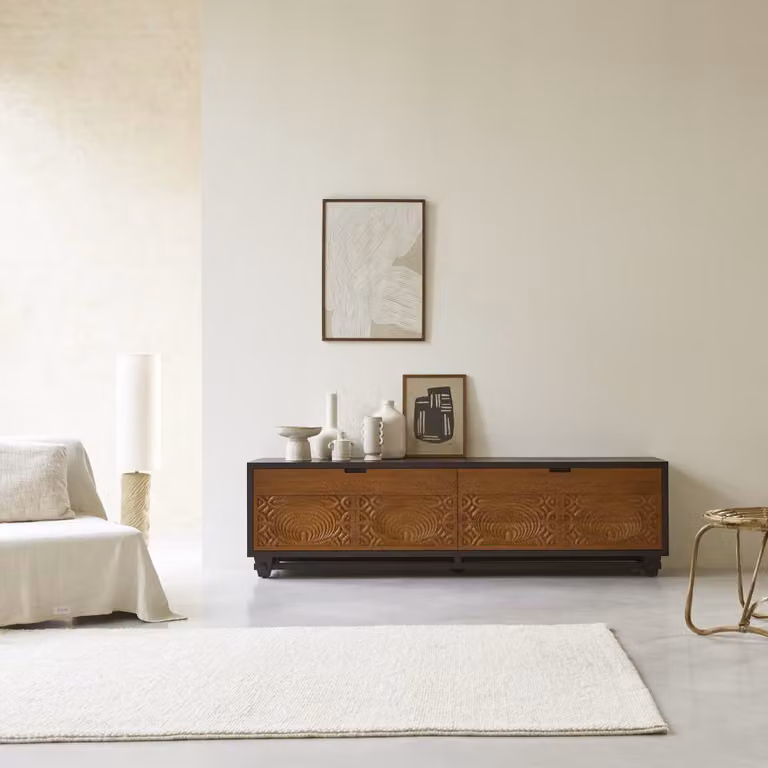 Tikamoon Frida massief mahoniehouten tv-meubel - Bruin - B: 200 cm, D: 45 cm, H: 55 cm