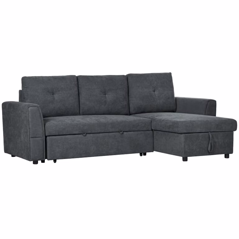 HOMCOM 3-Zit Slaapsofa met chaise longue en bedfunctie, donkergrijs gestoffeerde slaapbank