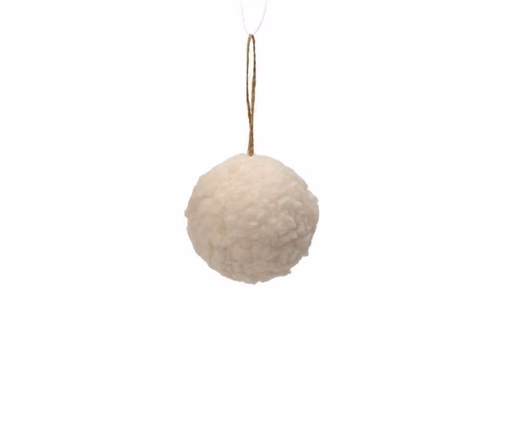 Witte abstracte kerstbal van textiel met een diameter van 8 cm