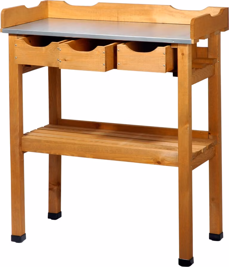 Praktische plantentafel met 3 lades en opbergruimte, grenen, bruin, B/D/H: 80 x 40 x 90 cm