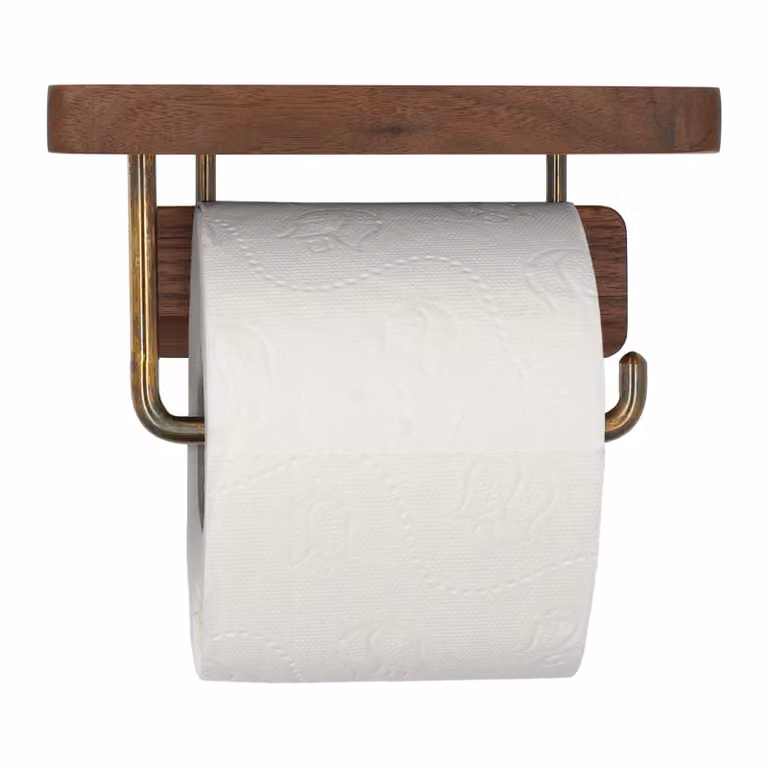 QUVIO Toiletrolhouder met plank van metaal en hout met zelfklevende bevestiging