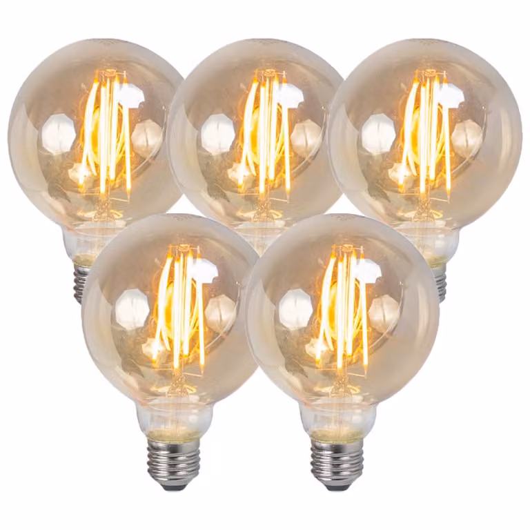 LUEDD Set van 5 dimbare LED filament lampen E27, 5W, 380 lm, 2200K warm wit, goud/messing met transparant glas