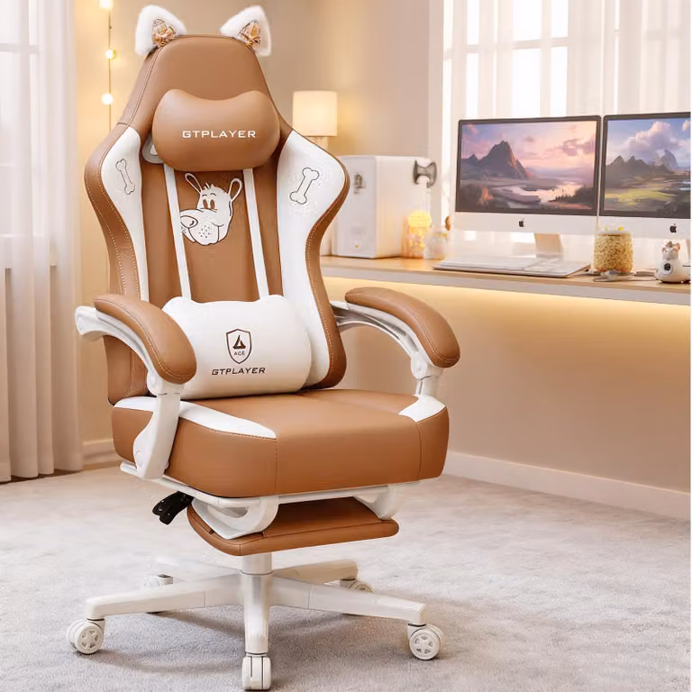 GTPLAYER Ergonomische Gaming Stoel met Kattenoren en Voetsteun, Kunstleer met Traagschuim