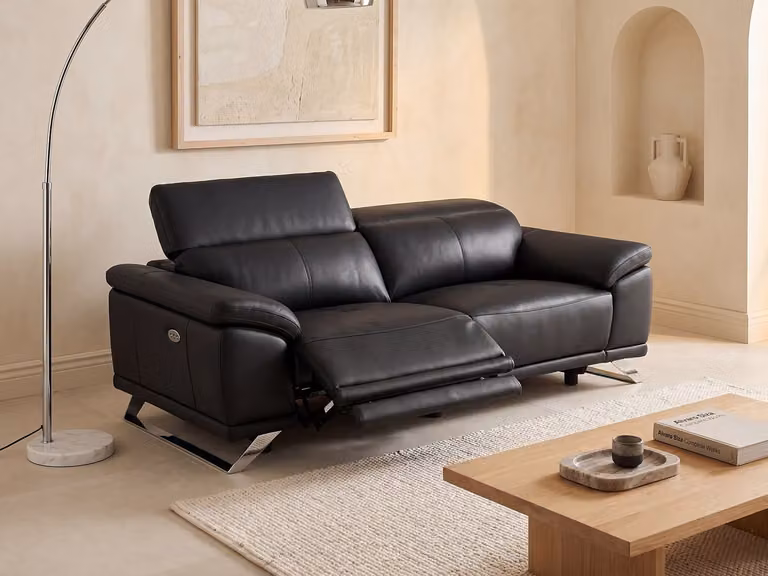 AZIDEE II Elektrische 3-zits bank in zwart leer met relaxfunctie en USB-oplaadpunt, B/D/H: 220 x 118 x 107 cm