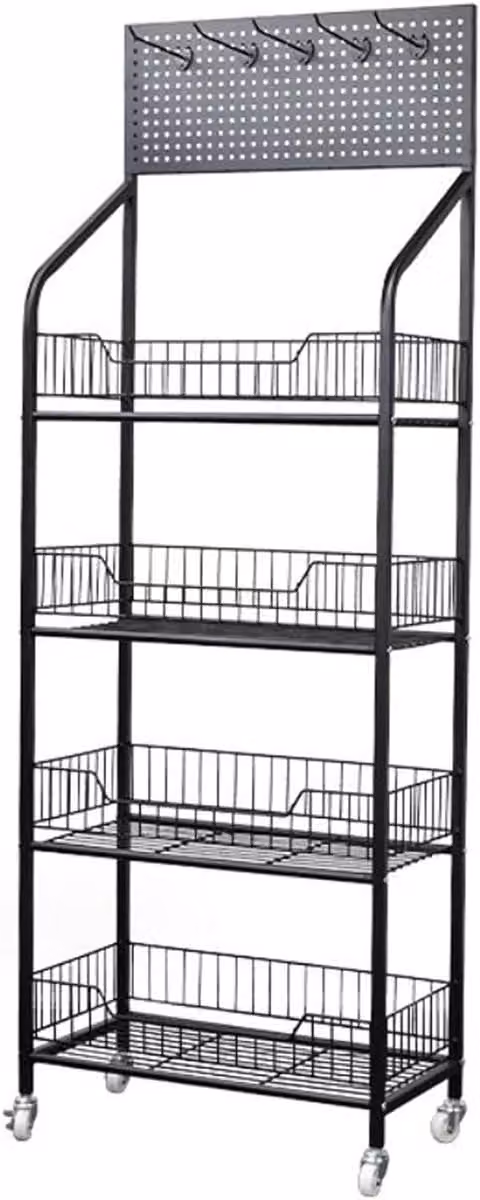 Verrijdbaar winkelrek met haken en achterpaneel, Zwart, B/D/H: 140 x 50 x 27 cm