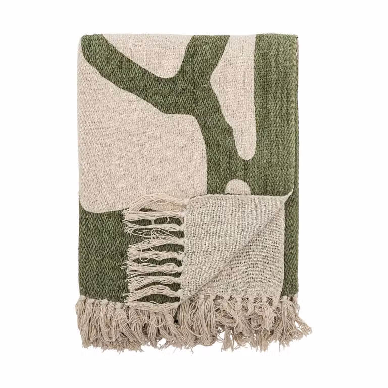 Bloomingville Dalmine katoenen plaid met franjes groen wit B/D: 130 x 160 cm
