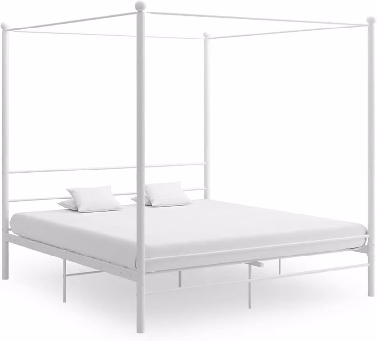 Emvae Hemelbed Wit - Tweepersoonsmetalen Bedframe met Lattenbodem en Gordijnframe - 160 x 200 cm